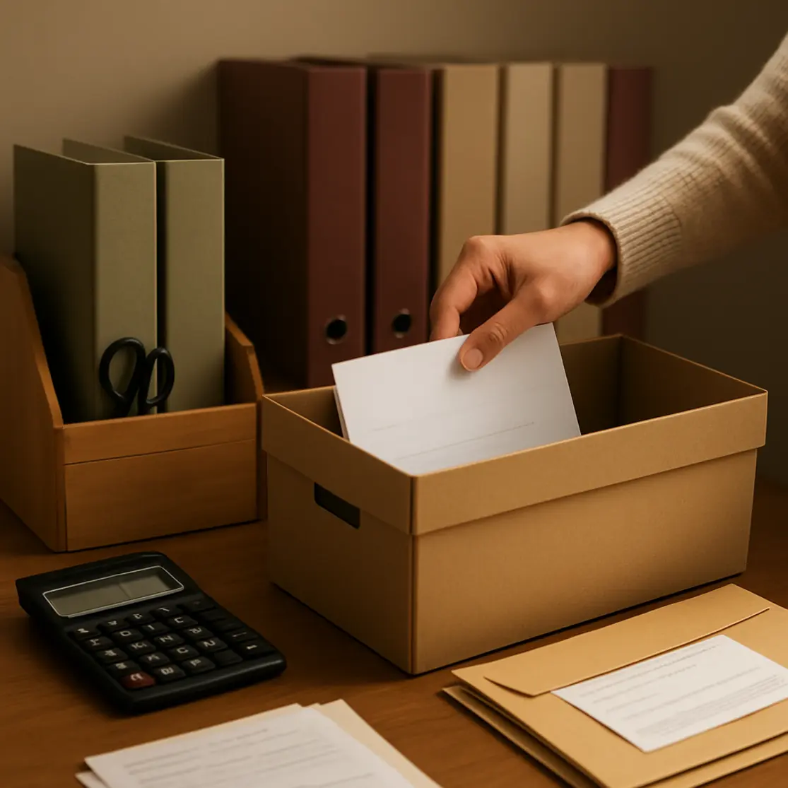 Mesa de contabilidade com pastas, envelopes e mão organizando documentos em caixa de arquivo