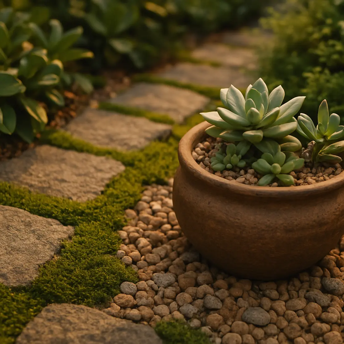 Close no caminho de pedras com musgo e vaso de suculentas em jardim pequeno moderno