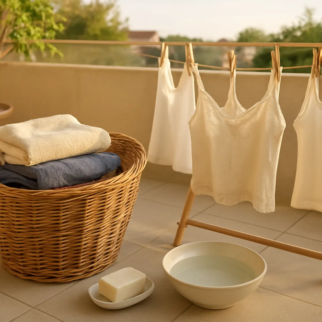 Área de serviço com varal e peças delicadas secando ao sol, cesto de roupa ao lado