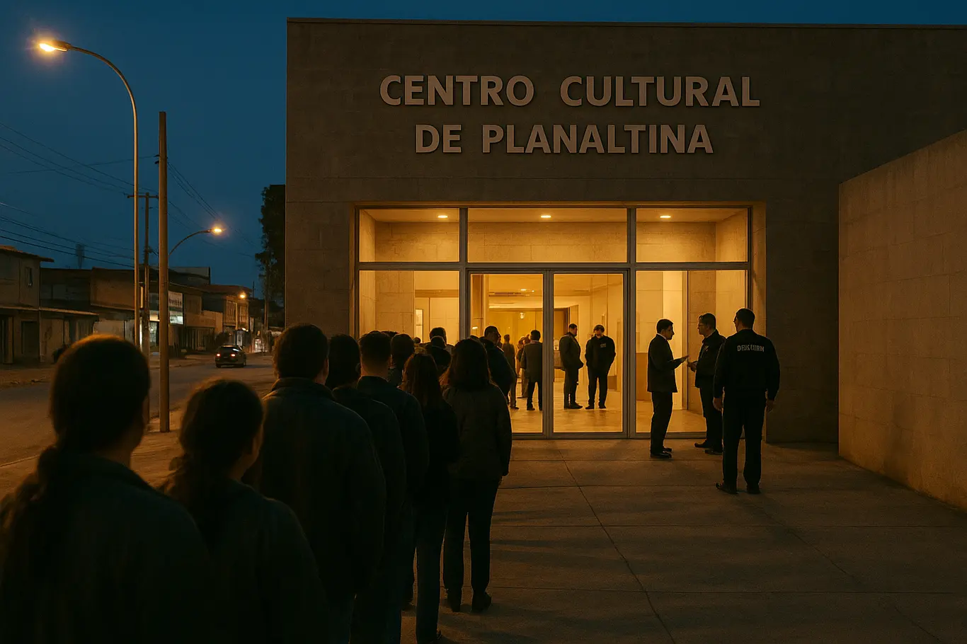Entrada do centro cultural em Planaltina com fila de espectadores ao anoitecer