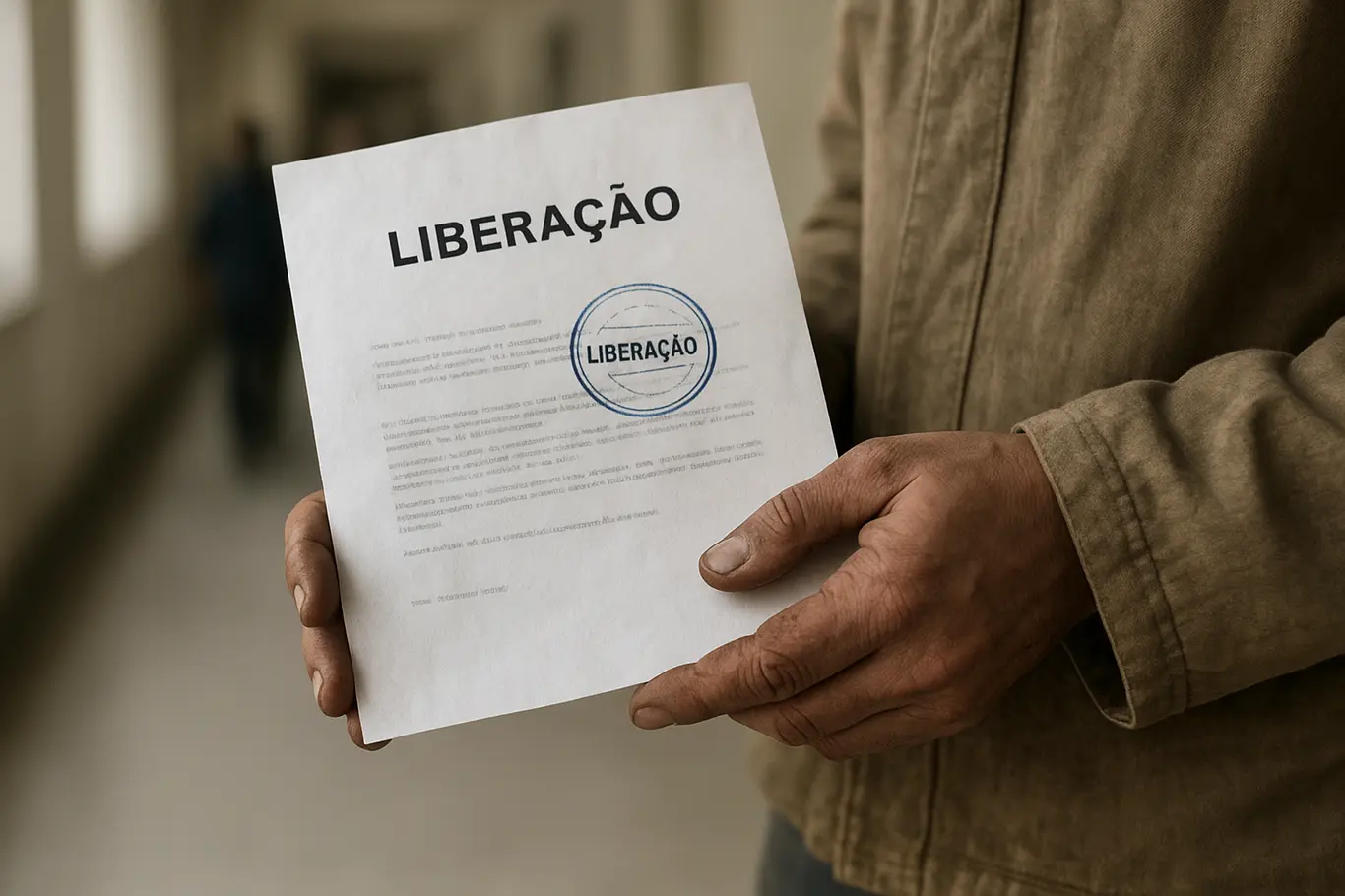 Close-up das mãos segurando documento de liberação carimbado, fundo desfocado