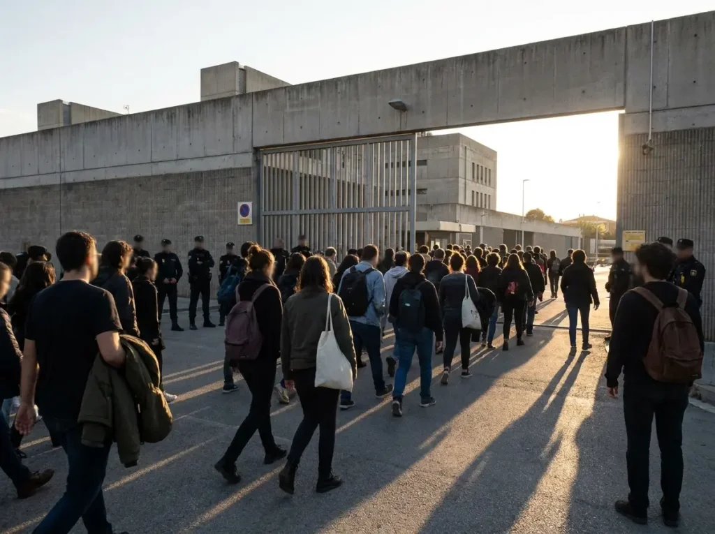 Grupo de pessoas saindo de centro de detenção na Turquia, vistas de costas, polícia ao fundo desfocada