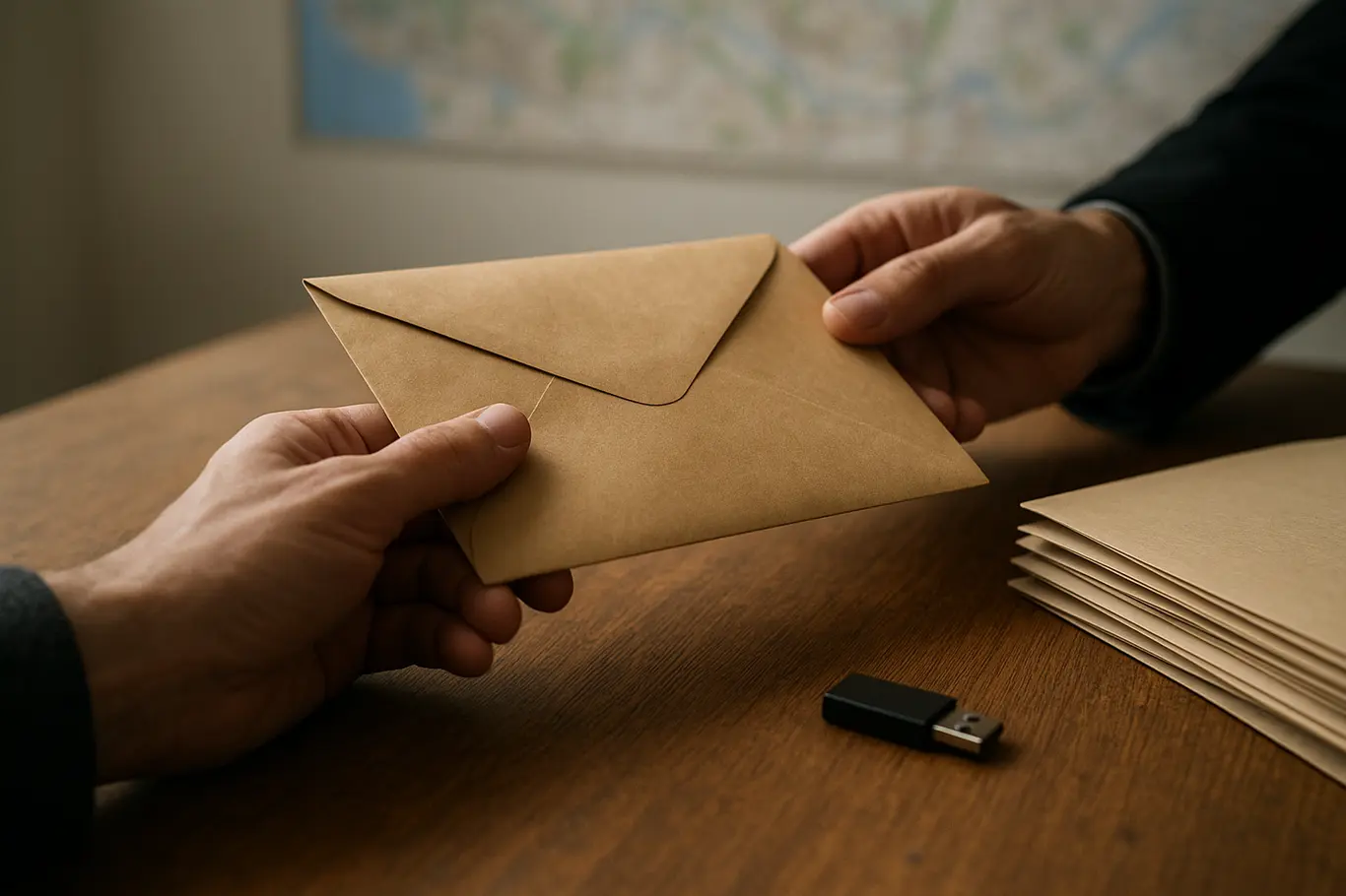 Close-up de mãos trocando um envelope lacrado sobre mesa com pastas e pen-drive, documentos desfocados.