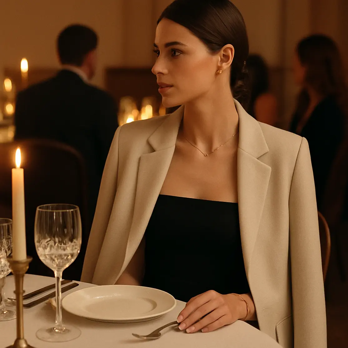 Mulher sentada em 3/4 em mesa de jantar elegante com luz de velas