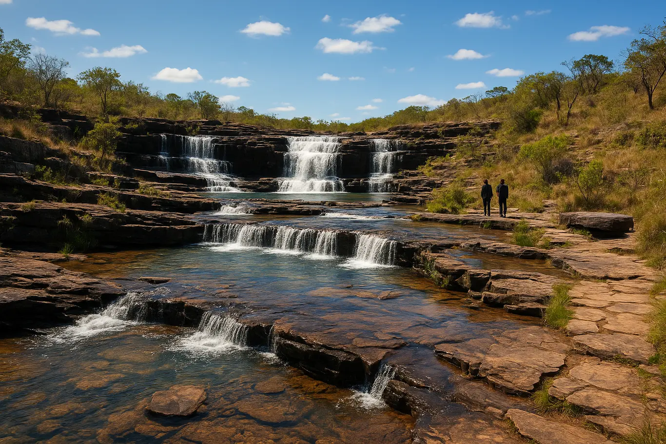 Panorâmica aberta das cascatas e piscinas naturais de Luziânia com visitantes ao longe
