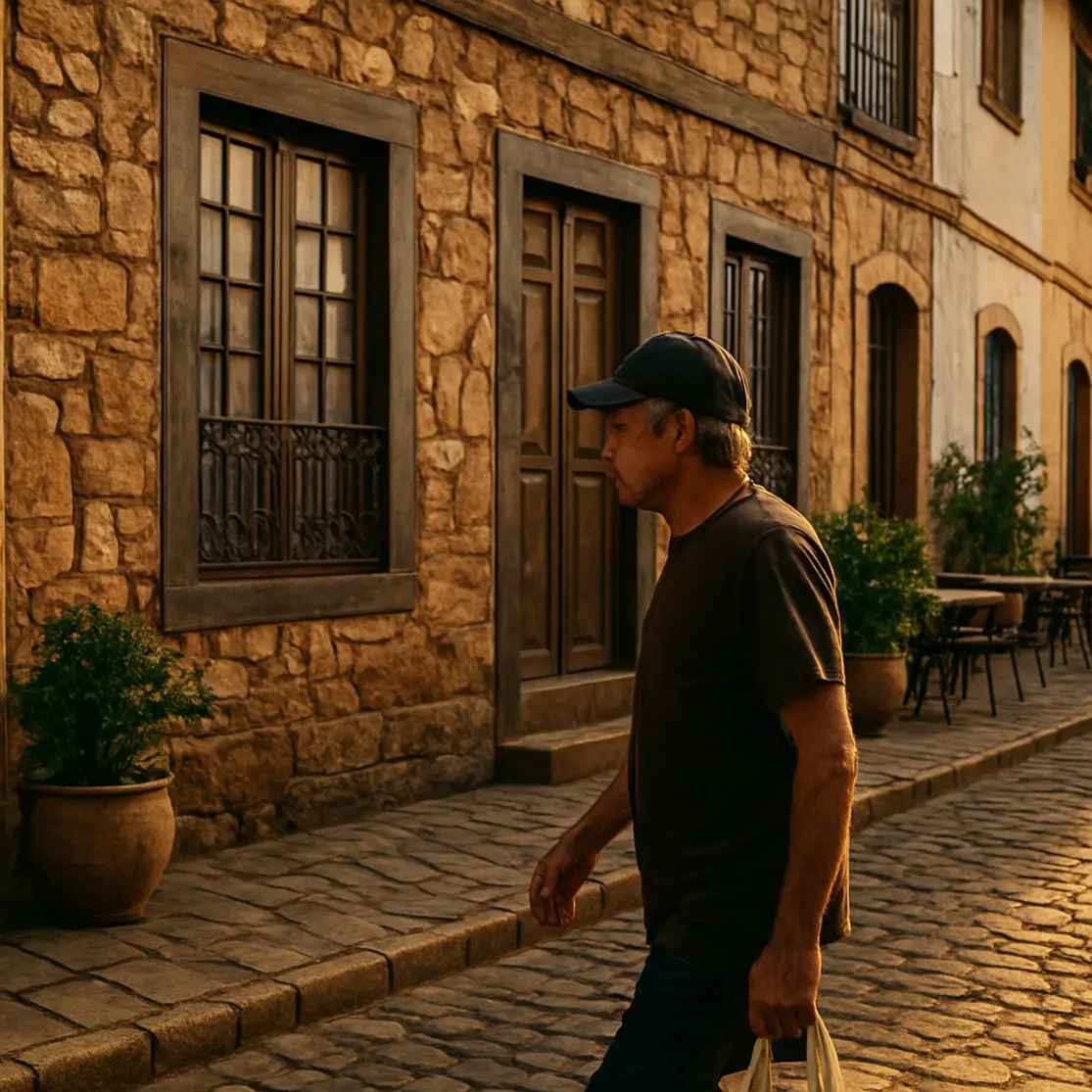 Rua do centro histórico de Luziânia com fachada colonial e morador em perfil caminhando