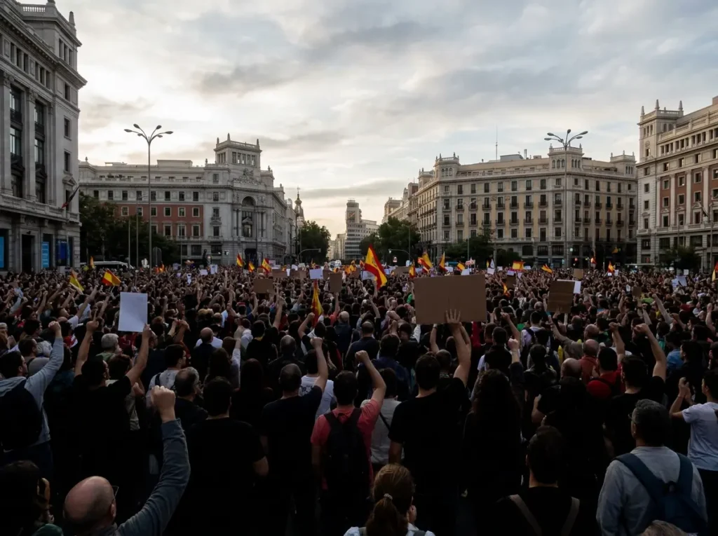 Multidão de manifestantes em Madri vista em plano aberto, rostos não identificáveis.