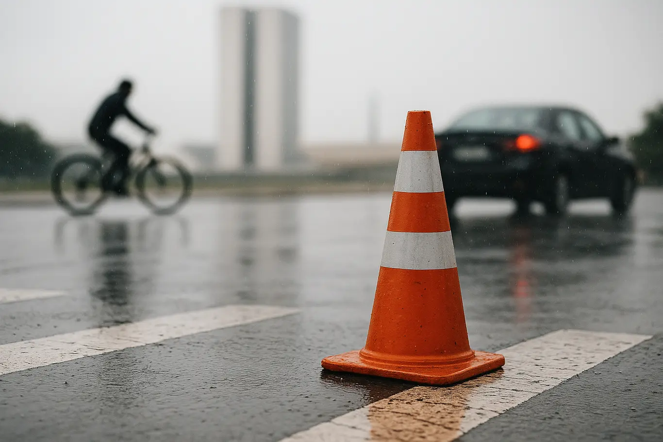 Detalhe de cone de trânsito amarelo e faixa de pedestre desgastada com reflexos no asfalto em Brasília