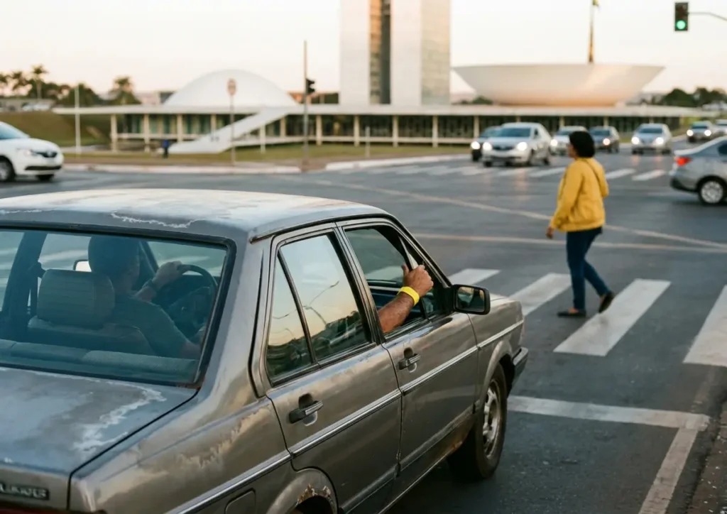 Carro parado no cruzamento do Eixo Monumental em Brasília, pedestre de costas com jaqueta amarela atravessando a faixa