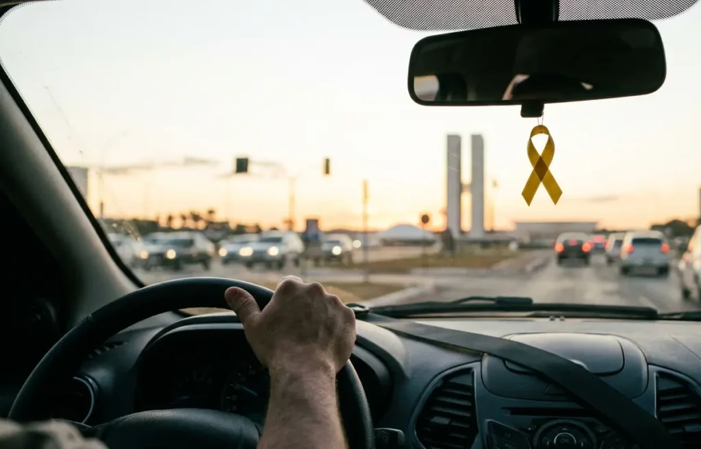 Mão no volante de carro com laço amarelo no retrovisor e trânsito de Brasília ao fundo