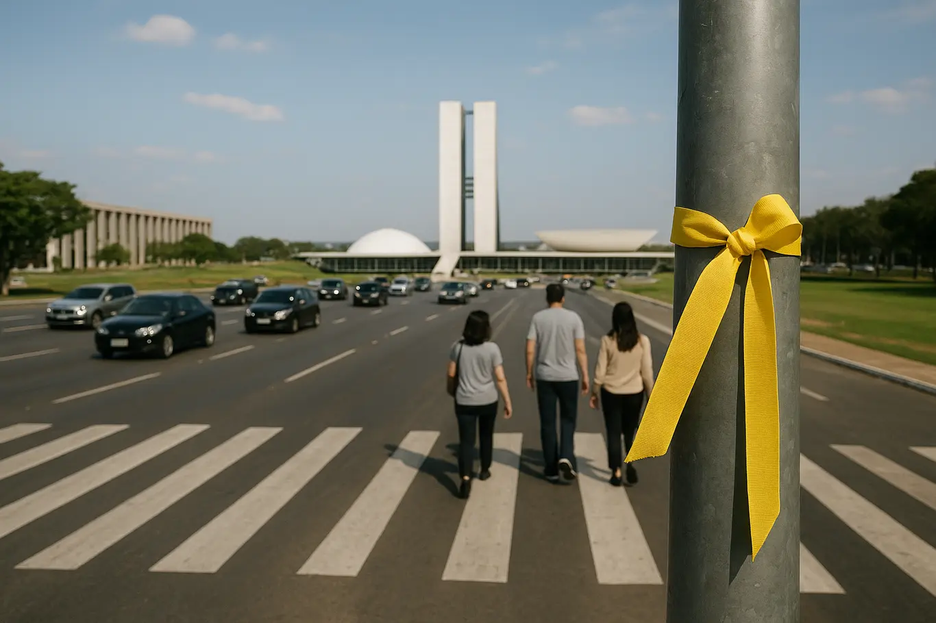Faixa de pedestres no Eixo Monumental com laço amarelo num poste e carros em movimento