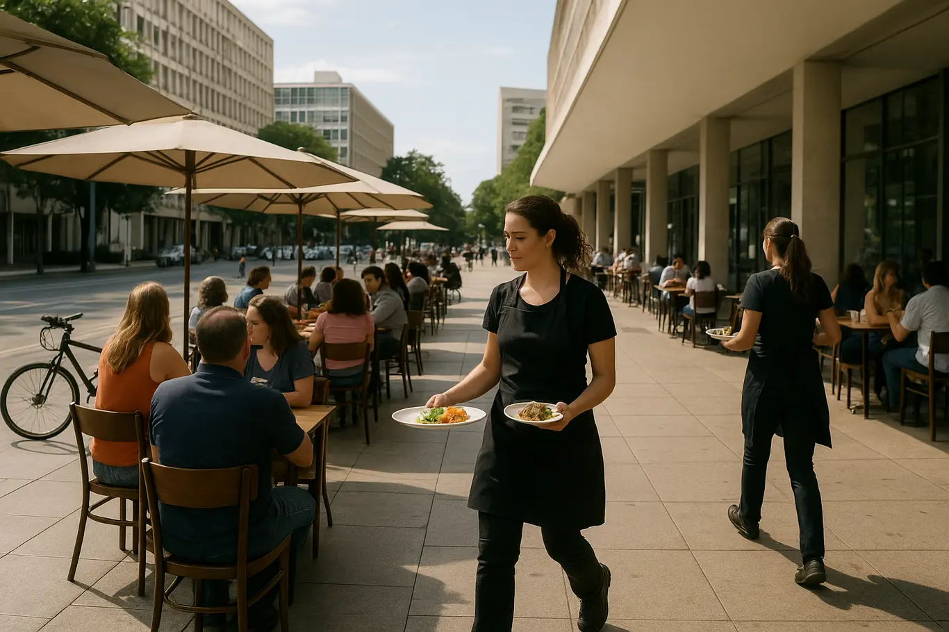 Mesas externas de cafés em rua de Brasília, clientes de costas e garçonetes servindo