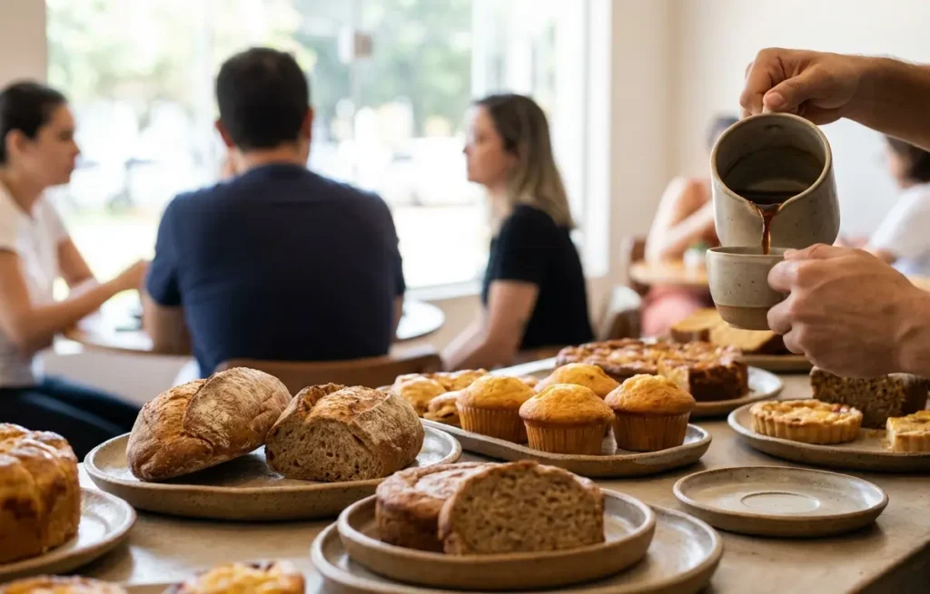 Mesa de café com pães e doces sem glúten, mãos servindo café, interior de café em Brasília