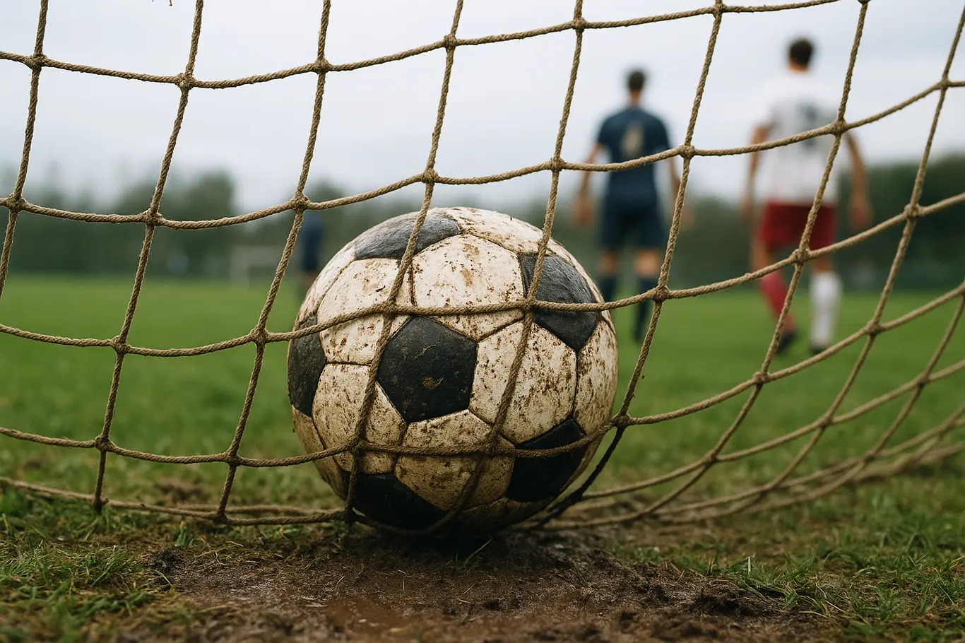 Bola presa na rede do gol com lama e grama em destaque
