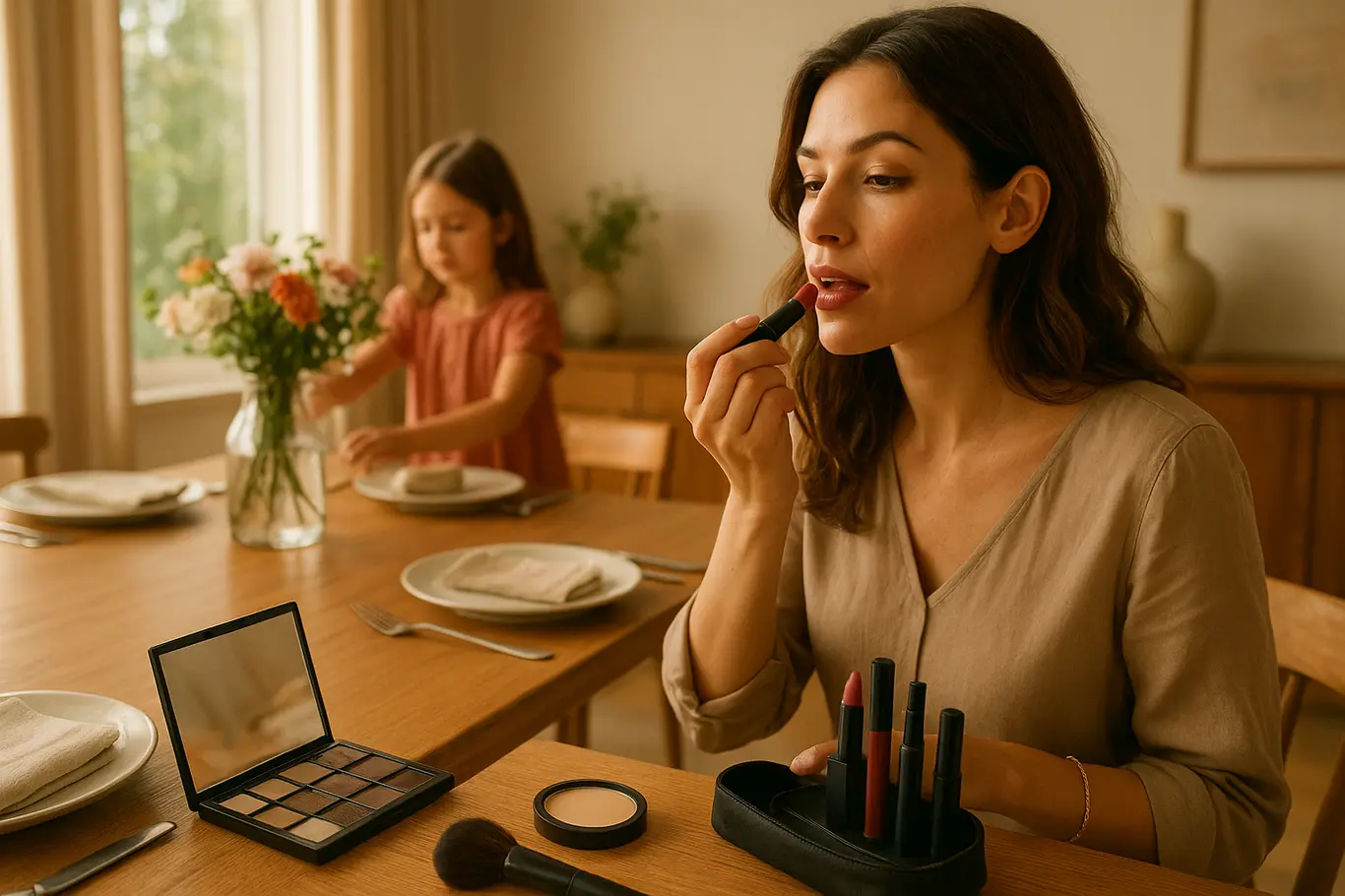 Cena ampla mostrando mulher aplicando batom à mesa posta, filha ao fundo colocando flores.