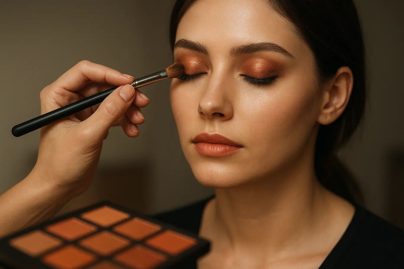 Aplicação de sombra colorida com pincel na pálpebra de modelo em 3/4, paleta desfocada em primeiro plano.