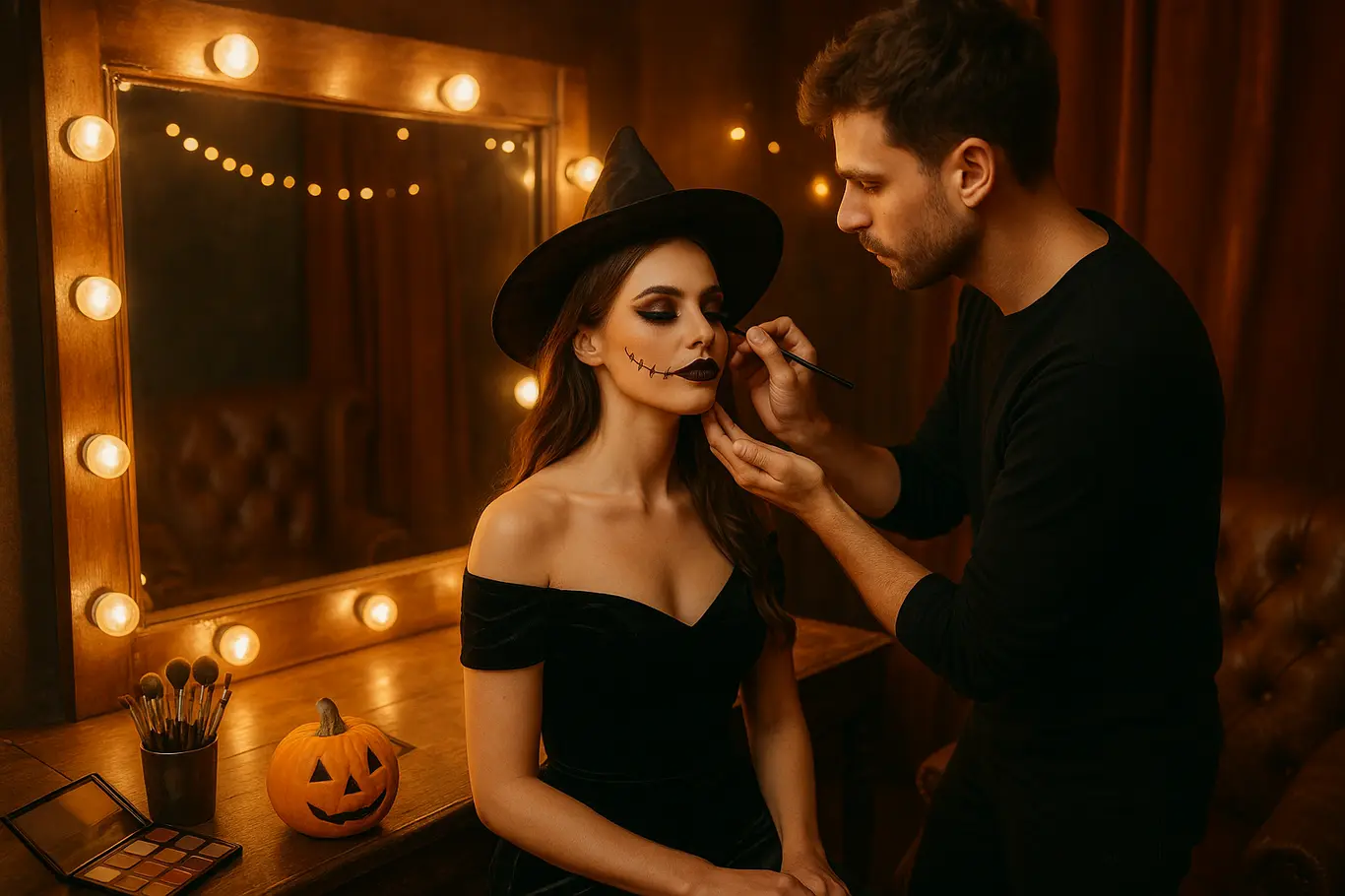 Cena lateral em plano aberto de modelo sentada em camarim com maquiador ajustando maquiagem de Halloween, mesa com pincéis e abóbora