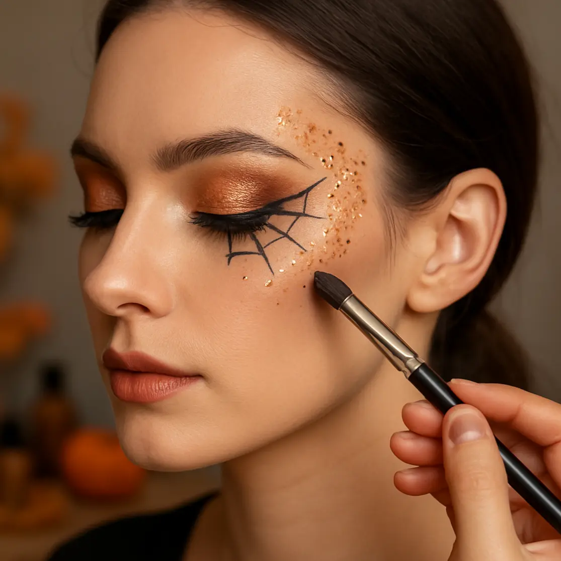 Close em perfil 3/4 do olho com delineado em teia, glitter âmbar e cristais, pincel em ação e elementos outonais desfocados