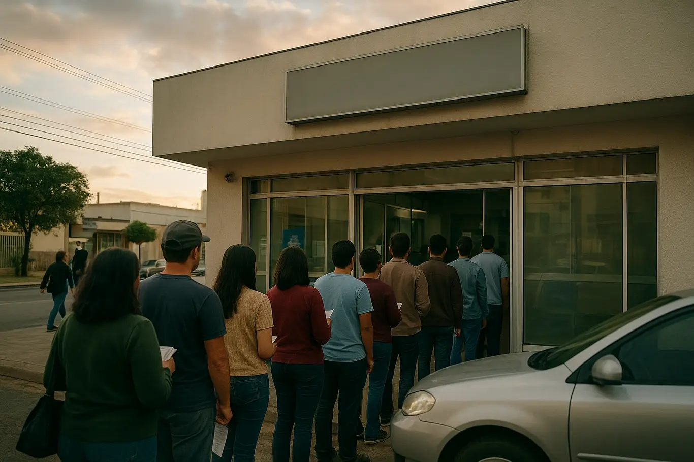 Fila de clientes em frente a casa lotérica no Distrito Federal vista de fora, pessoas de costas segurando bilhetes