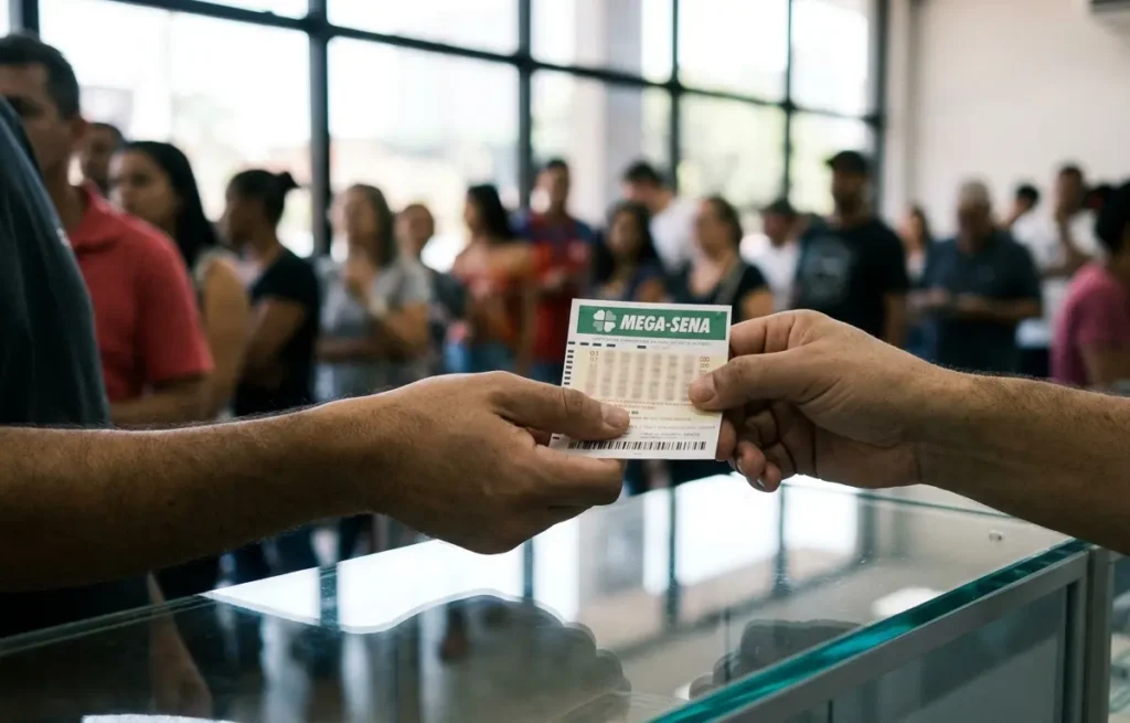 Mãos trocando bilhete da Mega‑Sena sobre balcão de lotérica, filas desfocadas ao fundo