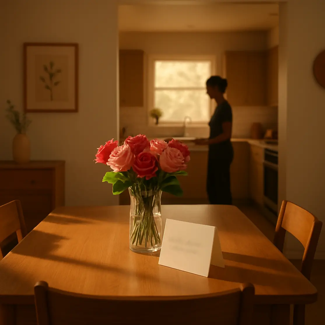 Cena ambiental da sala de jantar com vaso de rosas e cartão, mãe em perfil ao fundo