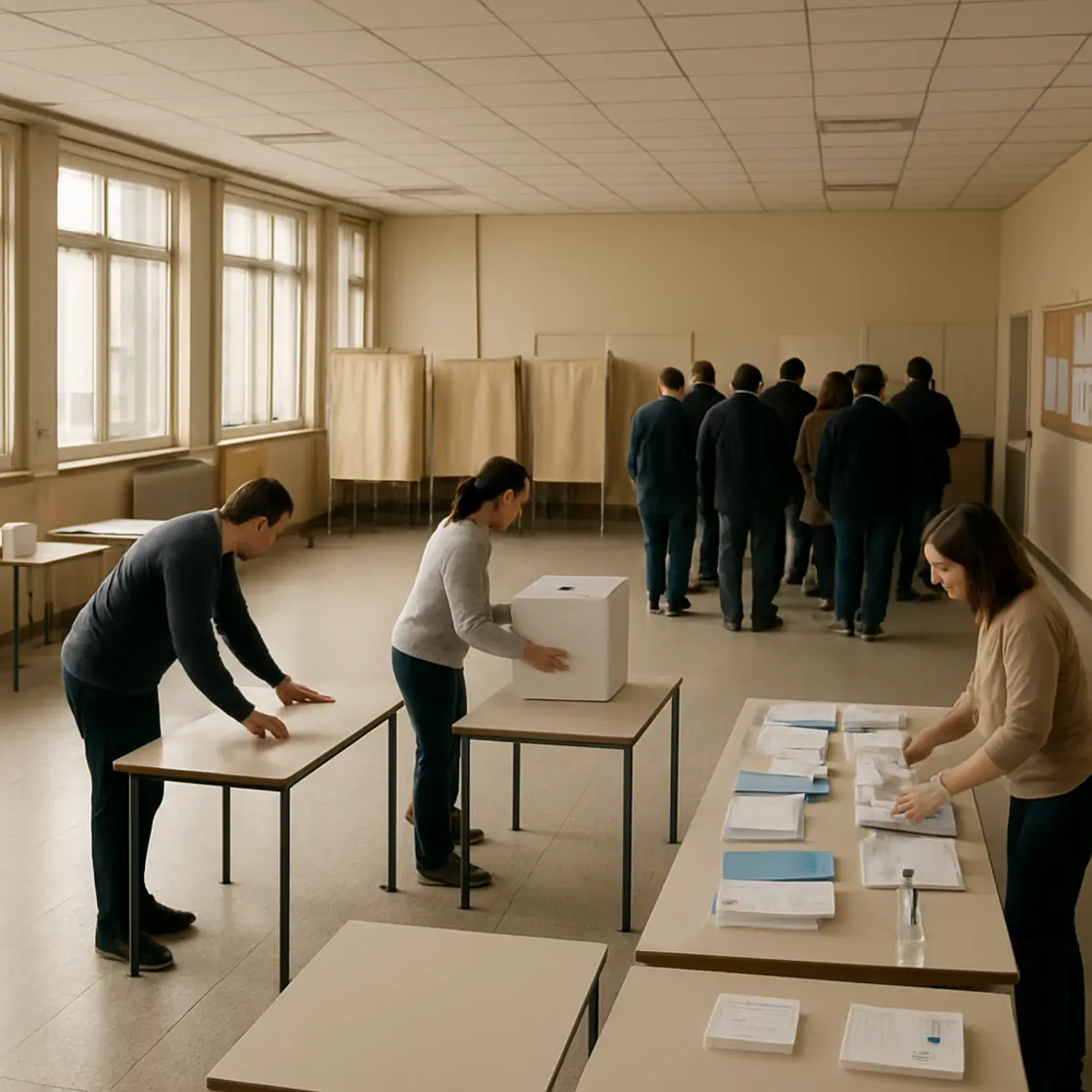 Ambiente amplo de votação com mesários organizando mesas e filas de eleitores