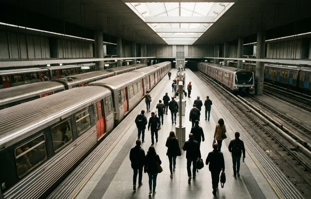 Plataforma do metrô com vários trens alinhados e passageiros de costas