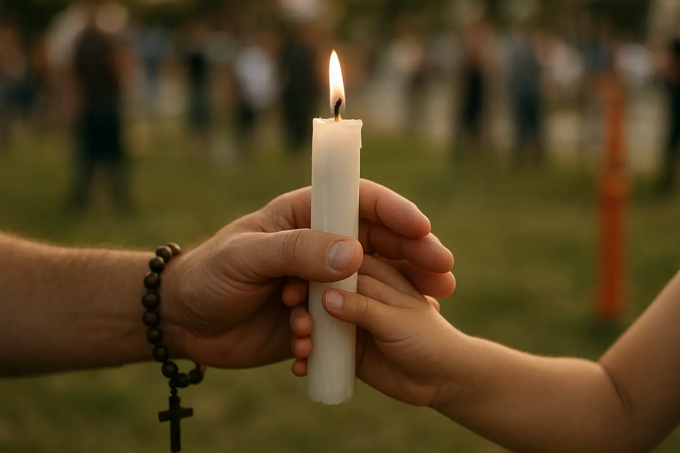 Detalhe de mãos segurando vela durante missa no Taguaparque, com fundo desfocado