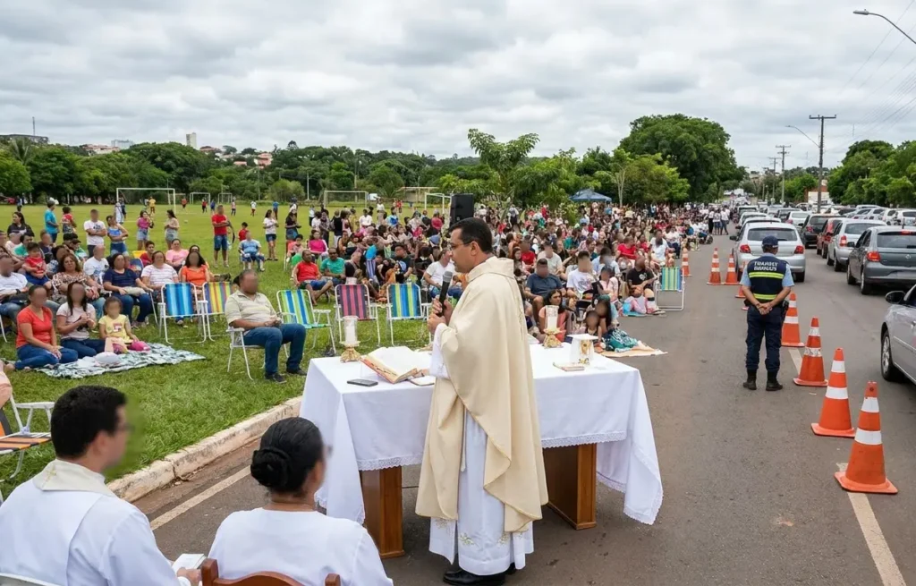 Missa ao ar livre no Taguaparque com famílias e trânsito parcialmente bloqueado ao fundo