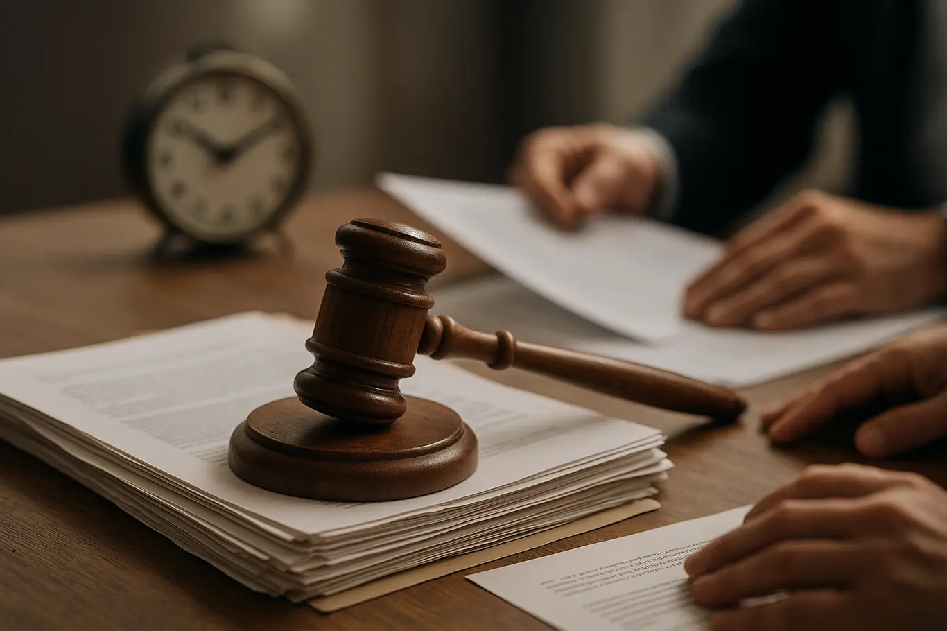 Detalhe de martelo judicial sobre pilha de processos com relógio desfocado ao fundo e mãos não identificáveis