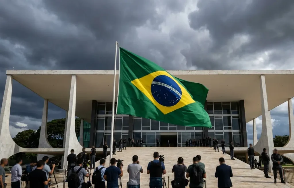 Fachada do Supremo Tribunal Federal com jornalistas e seguranças de costas nas escadarias sob céu carregado
