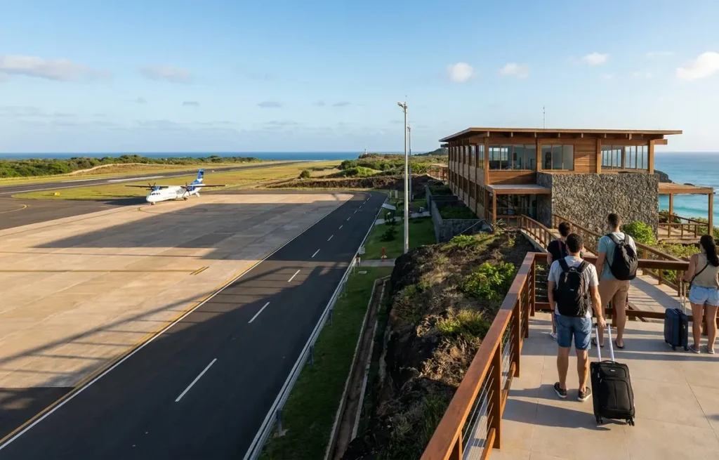 Terminal ampliado de Noronha com pista e turistas de costas, avião ao fundo