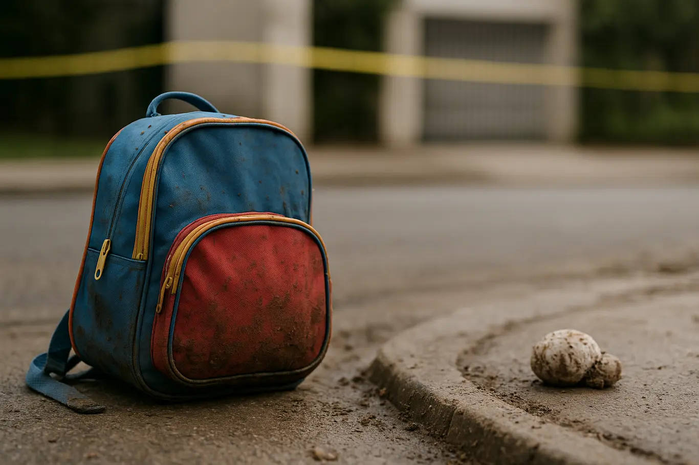 Mochila escolar e brinquedo no passeio com fita de isolamento ao fundo