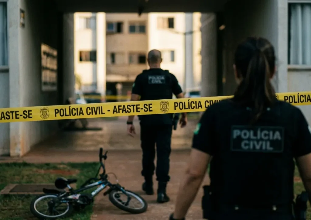 PCDF busca foragido por estupro de duas crianças e alerta famílias do DF Agentes vistos de costas em entrada de bloco com fita de isolamento e bicicleta infantil caída