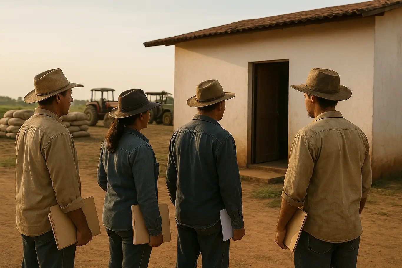 Grupo de agricultores vistos de costas em fila diante de agência rural, tratores ao fundo
