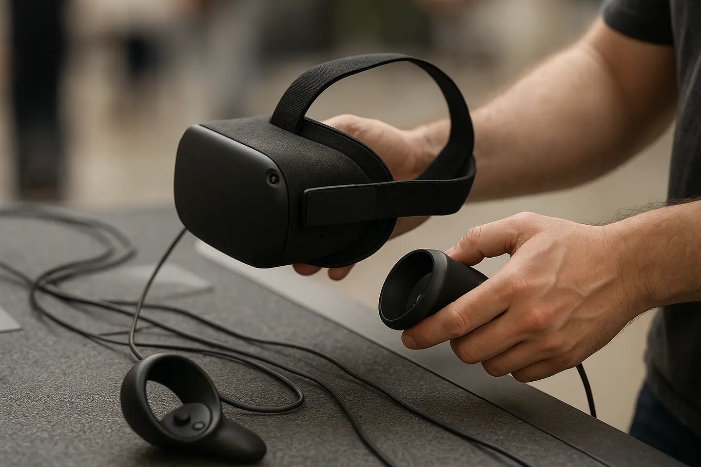 Close das mãos de participante manipulando óculos de realidade virtual e controles na bancada interativa