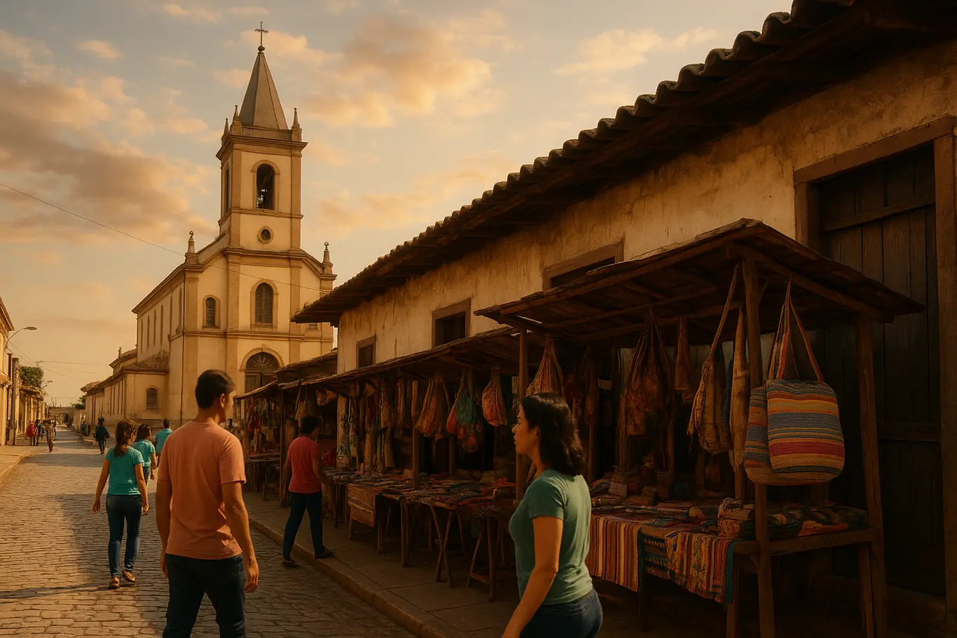 Rua histórica de Planaltina com barracas de artesanato e igreja ao fundo