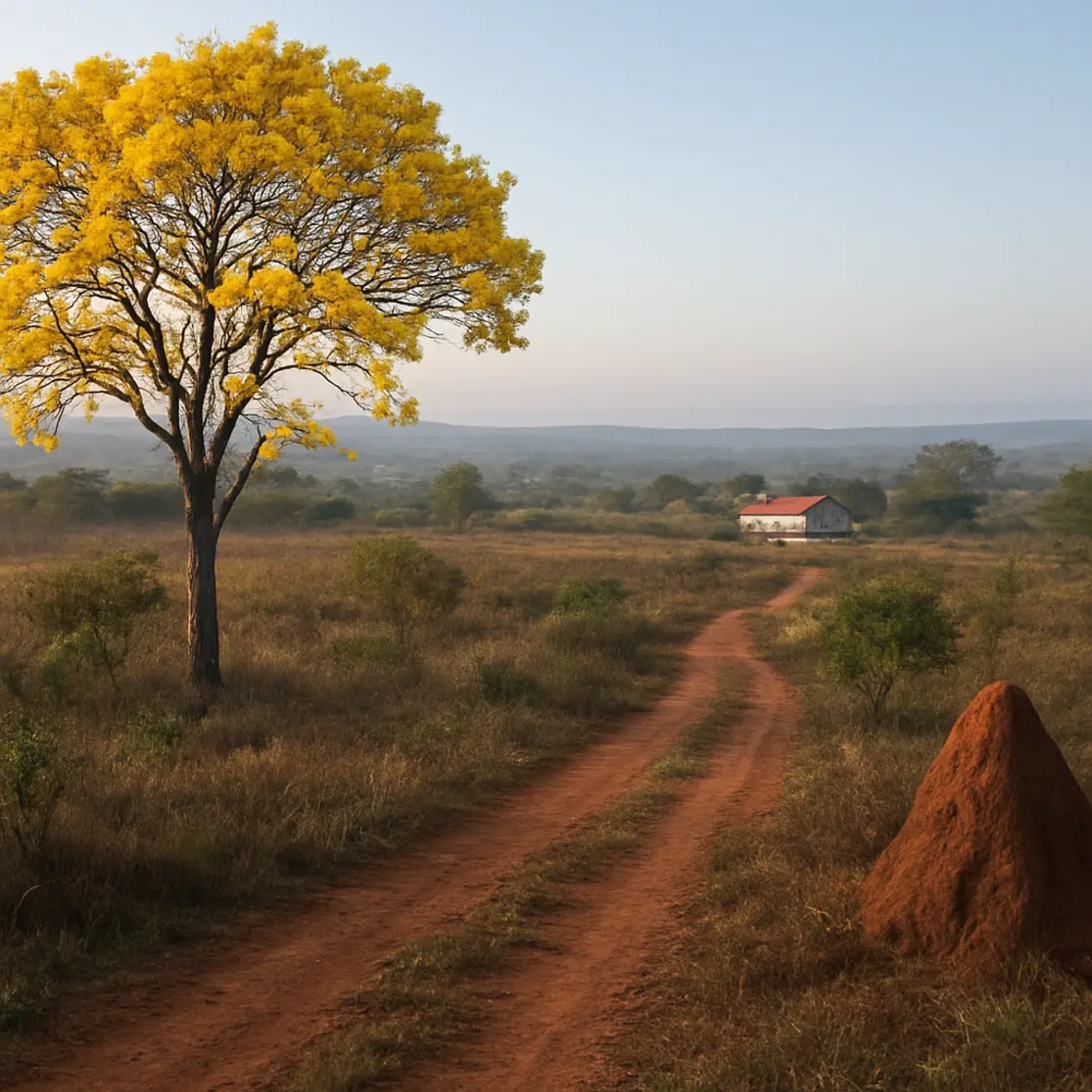 Paisagem do cerrado nos arredores de Planaltina com ipê e trilha de terra