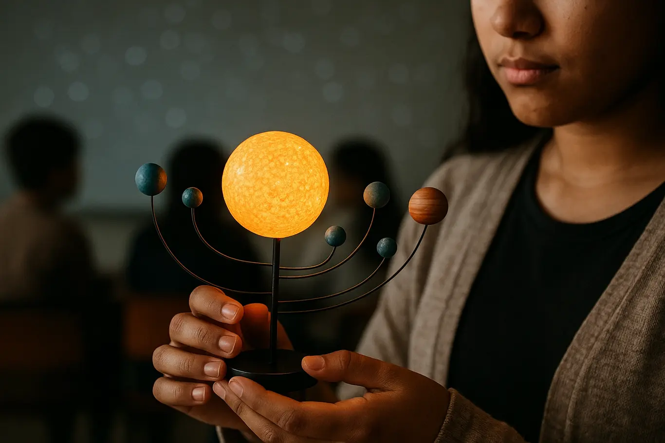 Detalhe das mãos segurando um modelo iluminado do sistema solar dentro do planetário