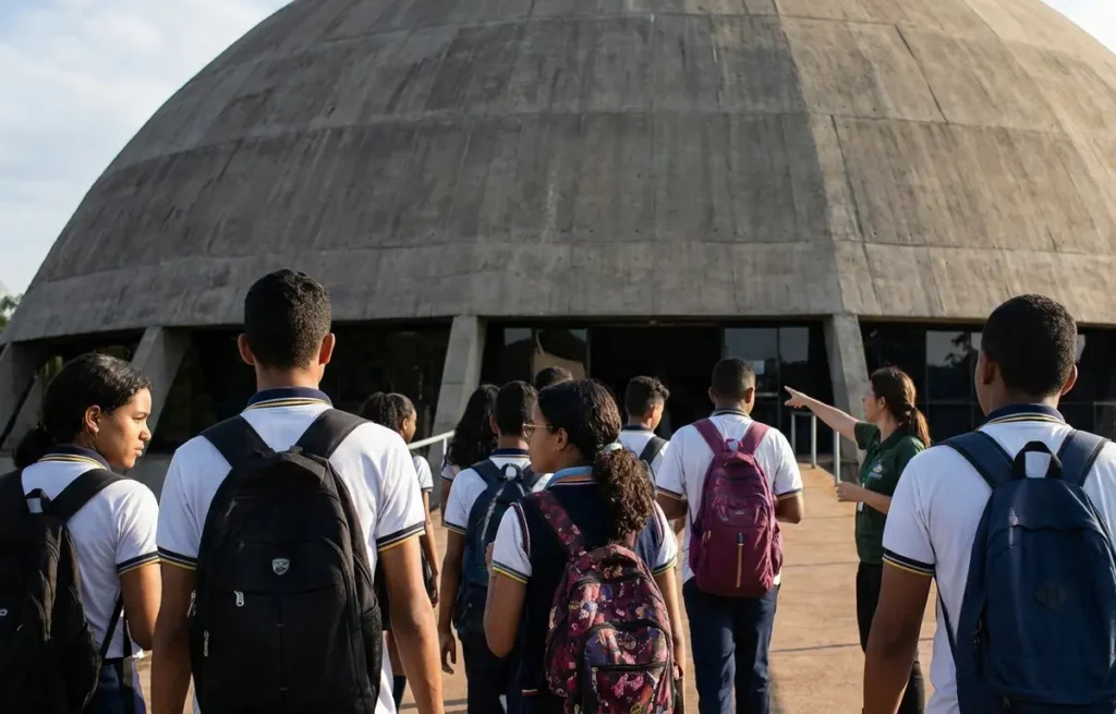 Estudantes venezuelanos de costas entrando no Planetário de Brasília