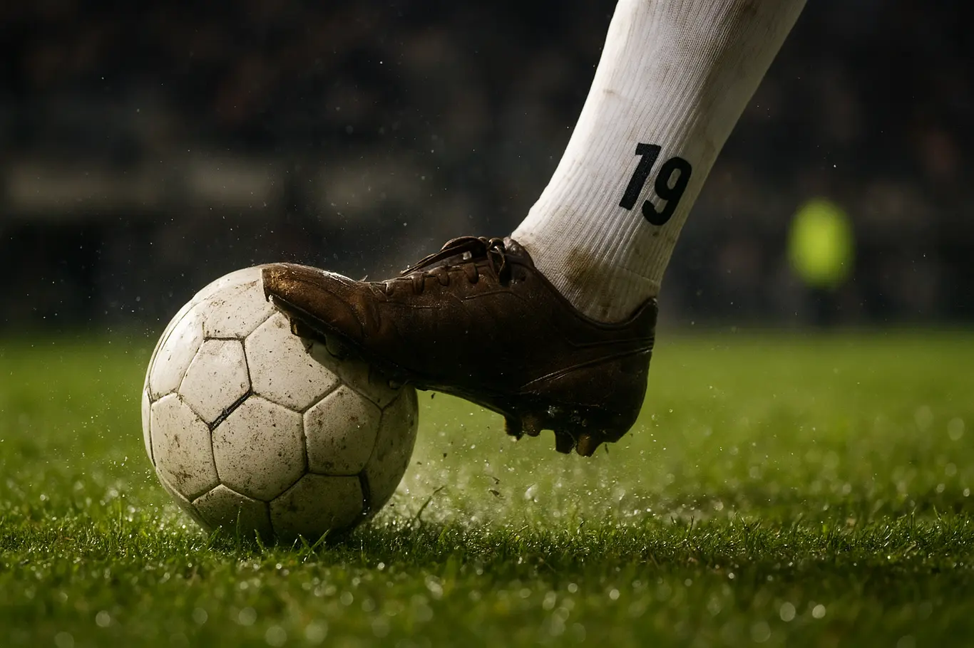 Close-up do pé de um jogador do Platense tocando a bola no gramado molhado, com gotas de água levantando