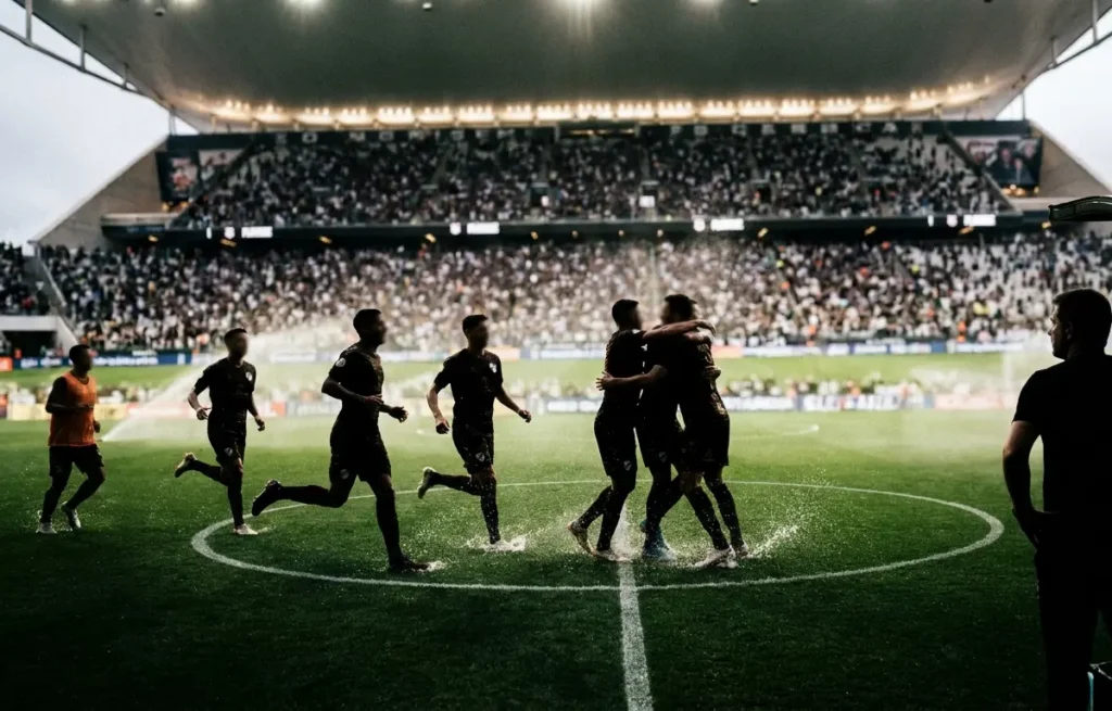 Grupo de jogadores do Platense comemorando de costas no gramado da Neo Química Arena, torcida ao fundo desfocada