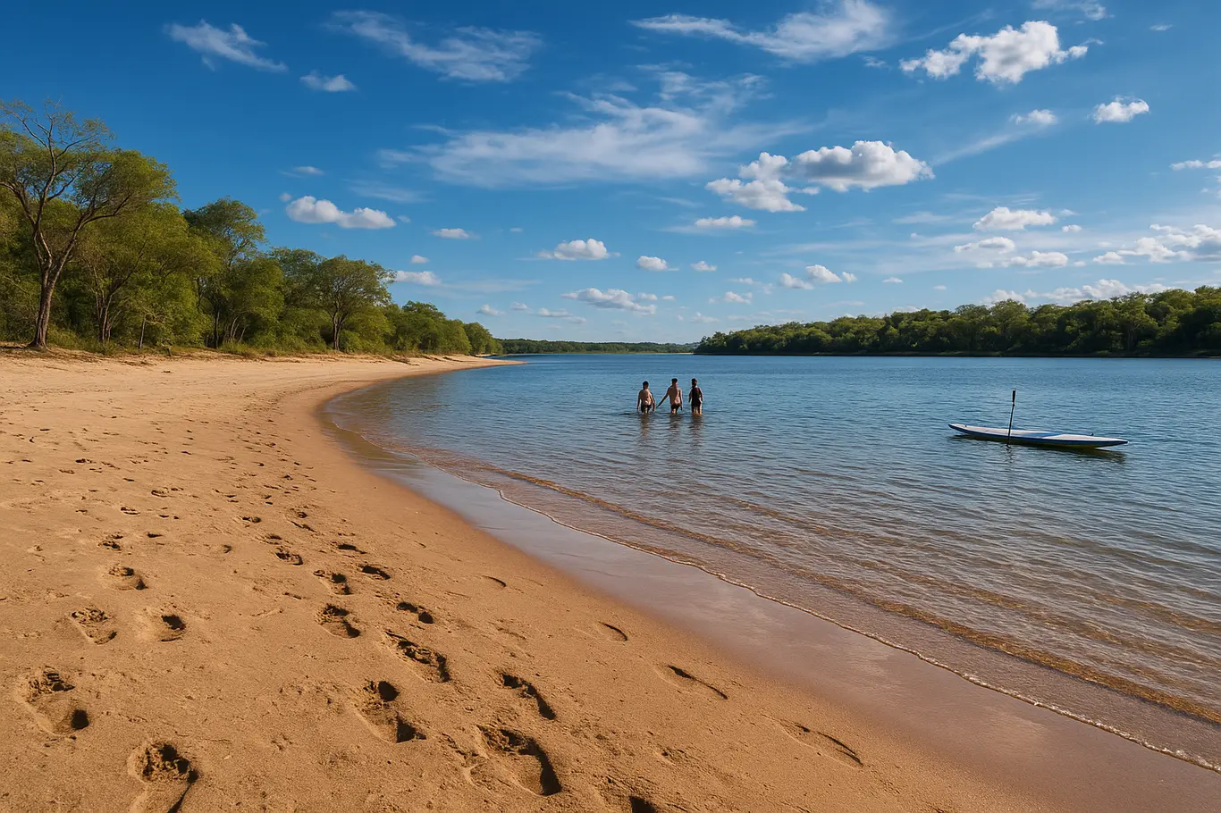 Vista ampla de praia de rio com areia úmida, pessoas de perfil na água e vegetação do cerrado