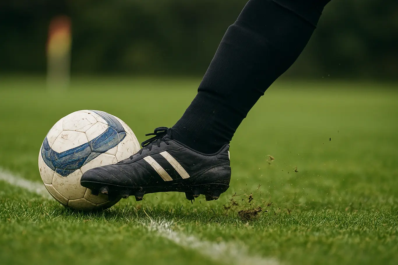 Close-up de chuteira afastando a bola no gramado