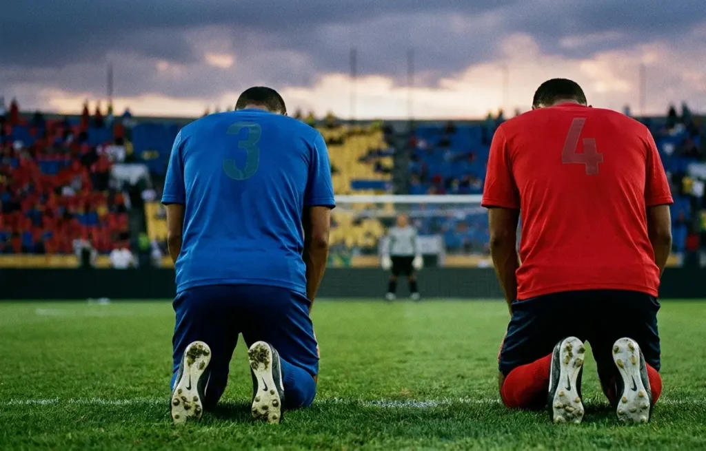 Zagueiros de costas lado a lado no estádio antes da final