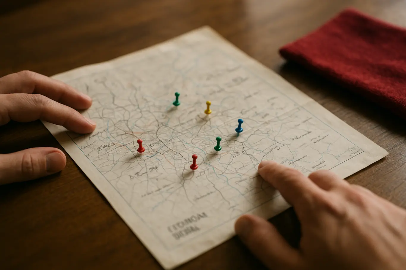 Mãos anônimas abrindo mapa do Distrito Federal com alfinetes coloridos sobre mesa de madeira