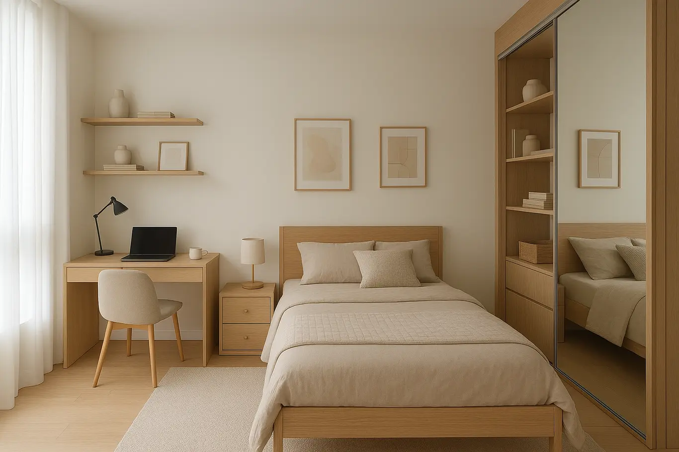 Visão ampla de quarto pequeno decorado com área de trabalho compacta, prateleiras embutidas e porta espelhada