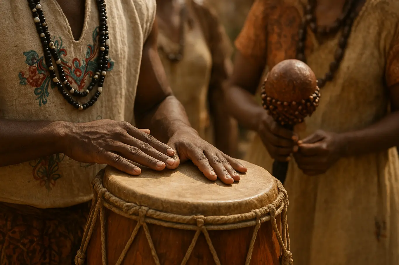 Mãos tocando atabaque e detalhes de adornos indígenas e africanos em close
