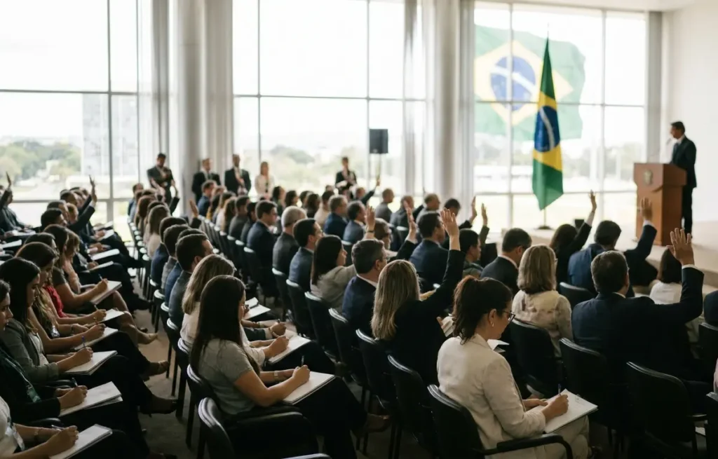 Auditório com público visto por trás em seminário de educação cidadã em Brasília