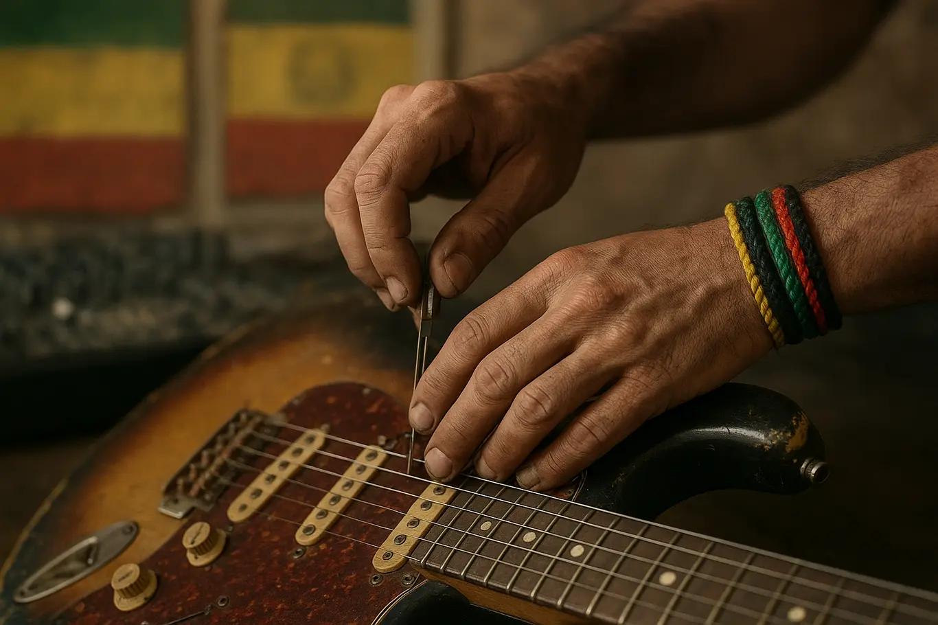 Close-up das mãos de um músico ajustando as cordas da guitarra, com pulseiras rasta e posters coloridos ao fundo.